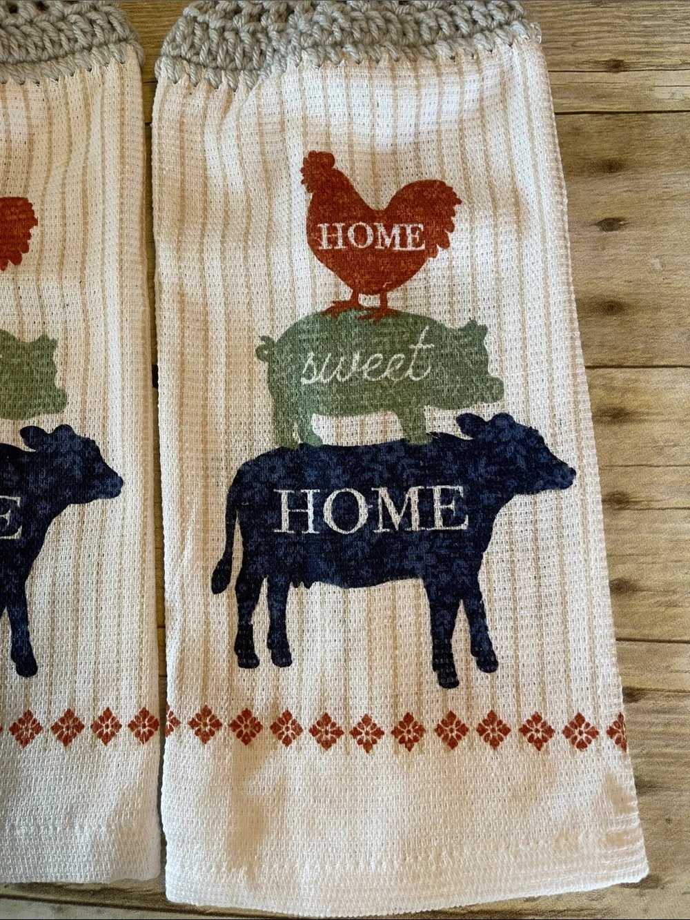 Bundle of 4 - Two Crochet Hanging Towels Double Thick and Two Pot Holders